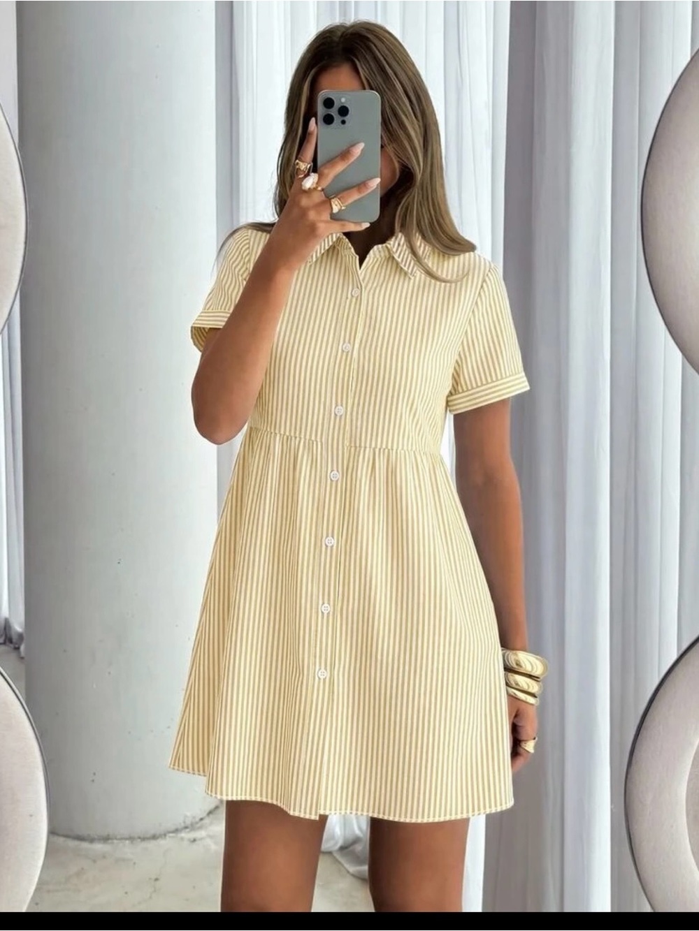 SHEIN Button-Front Yellow Stripe Shirt Dress